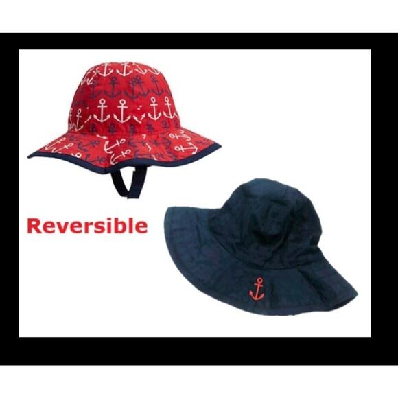 PB Kids Nautical BABY SUN HAT 3-6 Mo Reversible Red Blue Boat Anchor Pool Beach - Picture 4 of 4